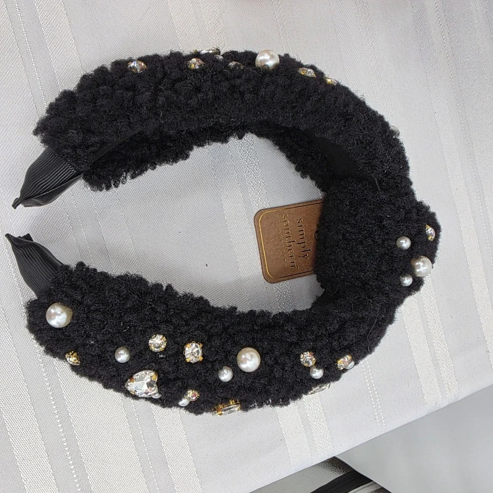 SIMPLY SOUTHERN‎ BlackTeddy Fleece Pearl Rhinestone Embellished Headband NWT